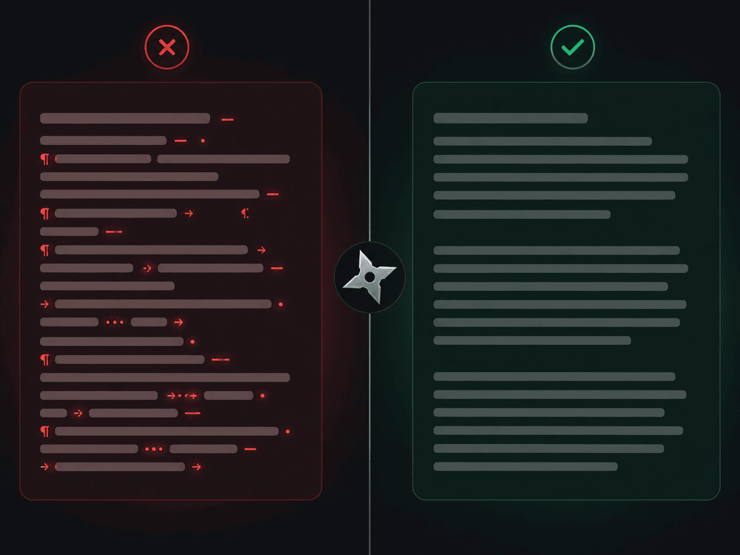 Before and after comparison showing Claude text with hidden watermark characters and em dashes on the left, and the same text cleaned by Ninja Humanizer on the right