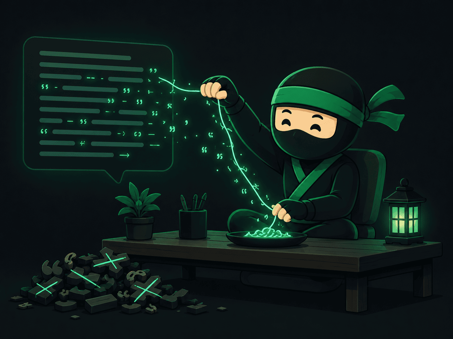 Ninja Humanizer mascot pulling a glowing thread of hidden watermark characters out of a block of Claude text, with discarded em dashes and curly quotes piled on the floor