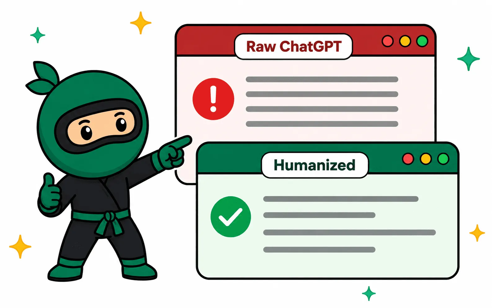 Comparison graphic showing raw ChatGPT output flagged versus Ninja Humanizer output passing as natural