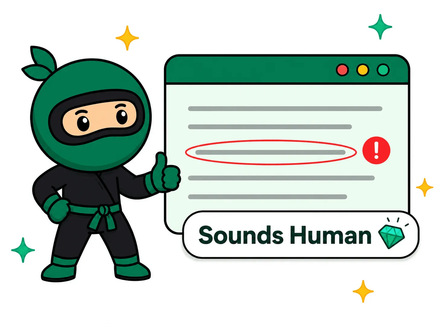 Ninja Humanizer mascot pointing out robotic ChatGPT writing patterns flagged by AI detectors